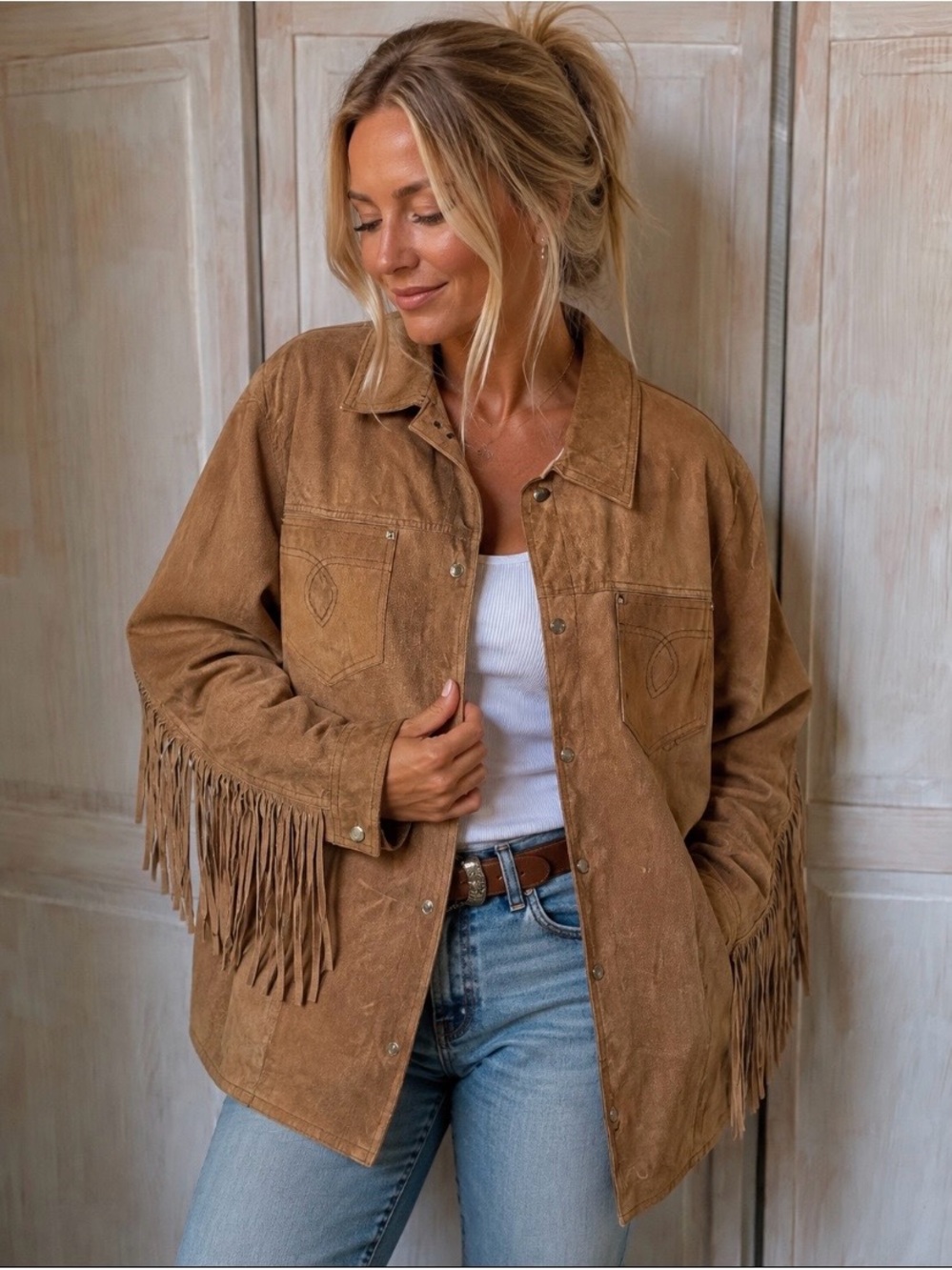 Suede Fringe Leather Jacket in Brown